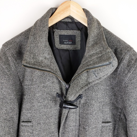 Zara Man Wool Peacoat Trench Jacket Gray Full Zip - Picture 4 of 8